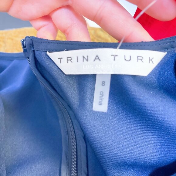 Trina Turk V-Neck Bell Ruffle Sleeve Dress Navy 8 - Picture 7 of 8